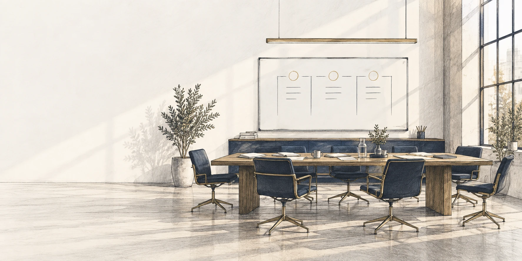An empty boardroom with a three-column plan on the whiteboard