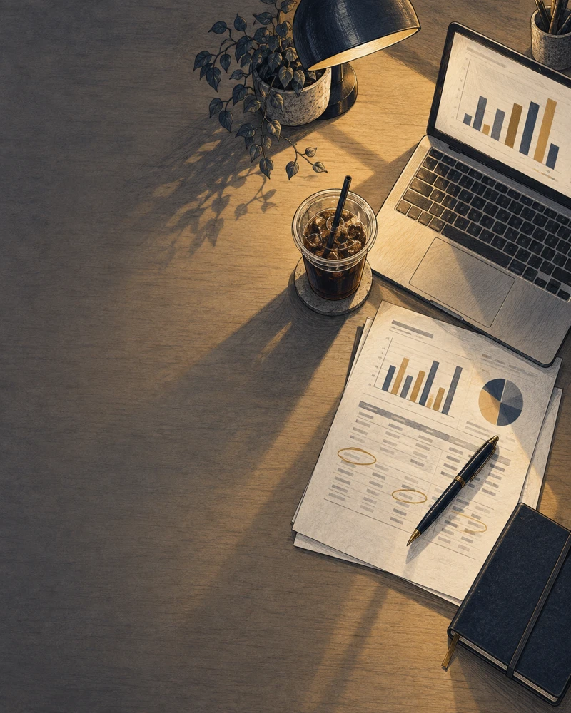 A sales report on a desk with figures circled in pen, beside a laptop showing a bar chart