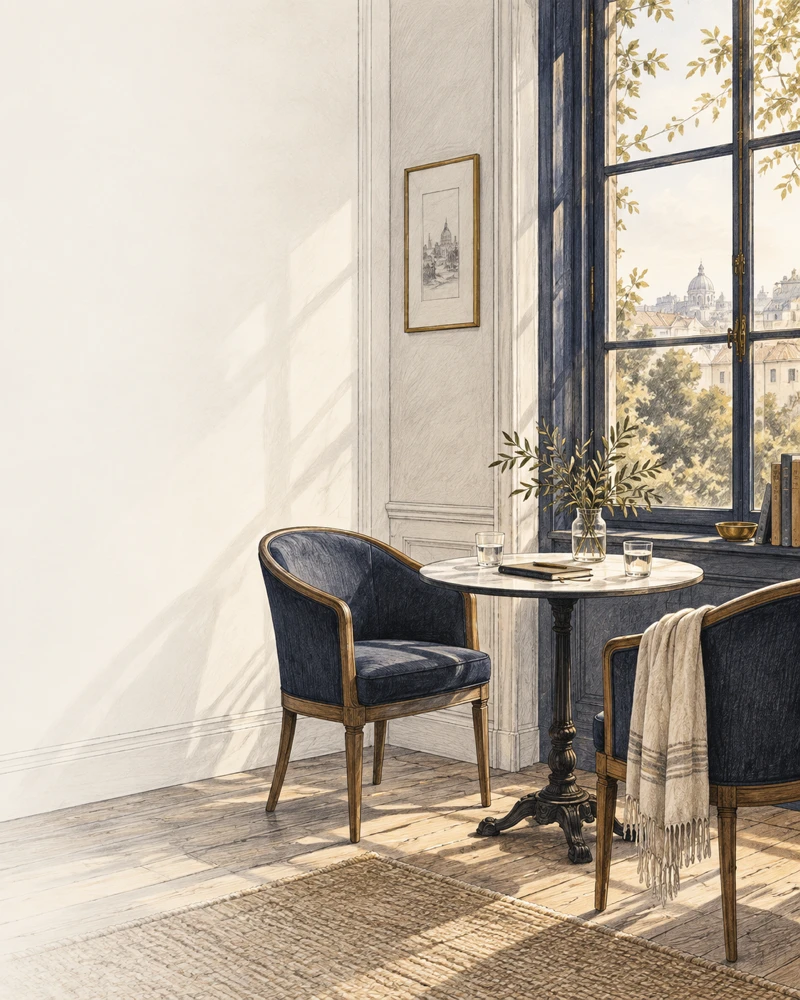 Two chairs turned toward each other at a small table by a window